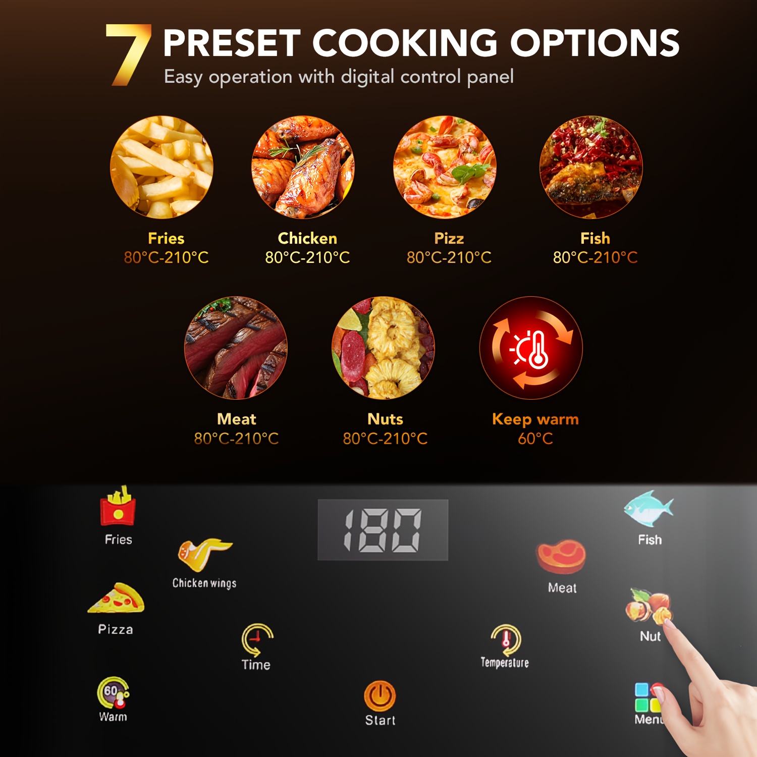 10.5L Airfryer met Transparant Venster, Gebruik Makend van Snelle Lucht Technologie, Vereist 90% Minder Olie, Energiezuinig, met 7 Vooraf ingestelde Functies, Anti-aanbaklaag, Vaatwasserbestendig, Digitaal Scherm, +1 Minute Optie, en 1800W Vermogen