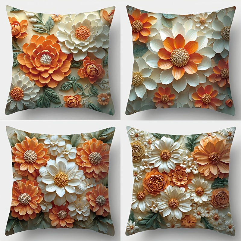 

4-pack Throw Pillow Covers, Orange And Green , Soft Polyester, Zippered, Machine Washable, Decorative Cushion Cases For Living Room