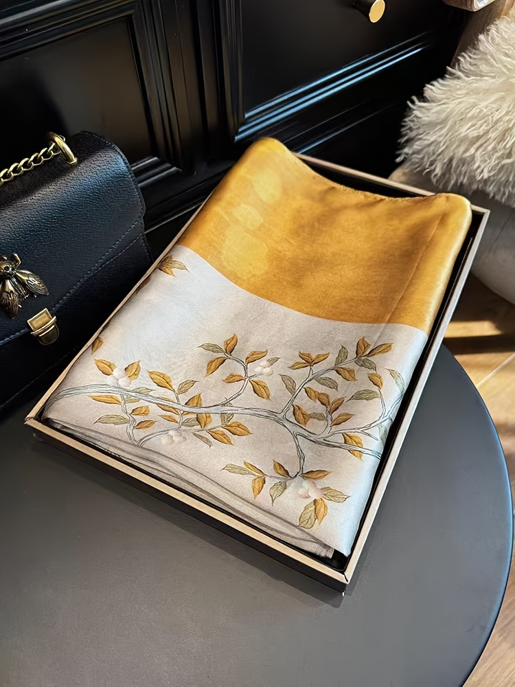 OAW Women's 100% Silk Scarf Shawl - Lightweight Apricot Beige & Turmeric-Yellow Branch Bird Print Suitable for Casual Outings, Office, Travel, Wraps, Neck Warmers, Bag - Elegant Oriental Design with Soft Satin Sheen