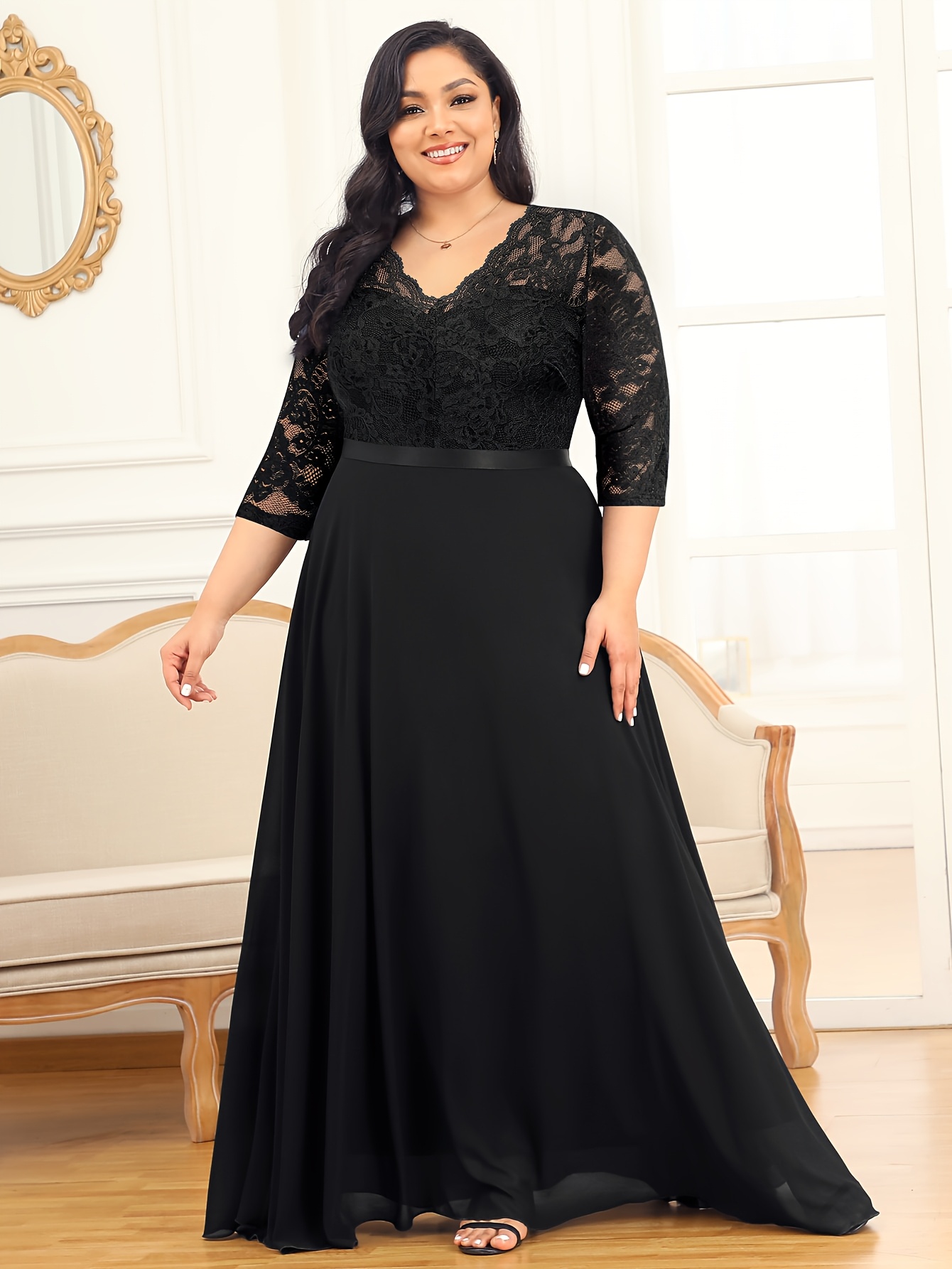 Plus Size - Plus Size - P6114 Plus Size Stylish Women'S Floral Lace V-Neck  Maxi Dress, 3/4 Sleeve Chiffon A-Line Hem, Ideal for Formal Evenings *  Parties, Banquets & *