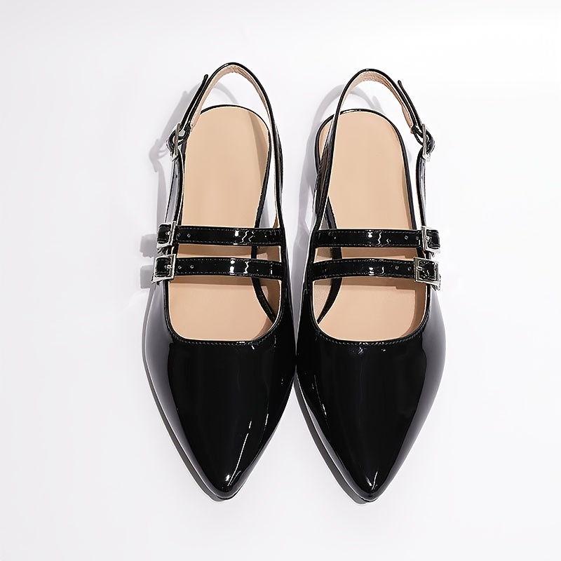 Women's Black Pointed-Toe Flats with Ankle Strap Side Closure  Synthetic Cover Low Block Heel Shoes, TPR Sole for