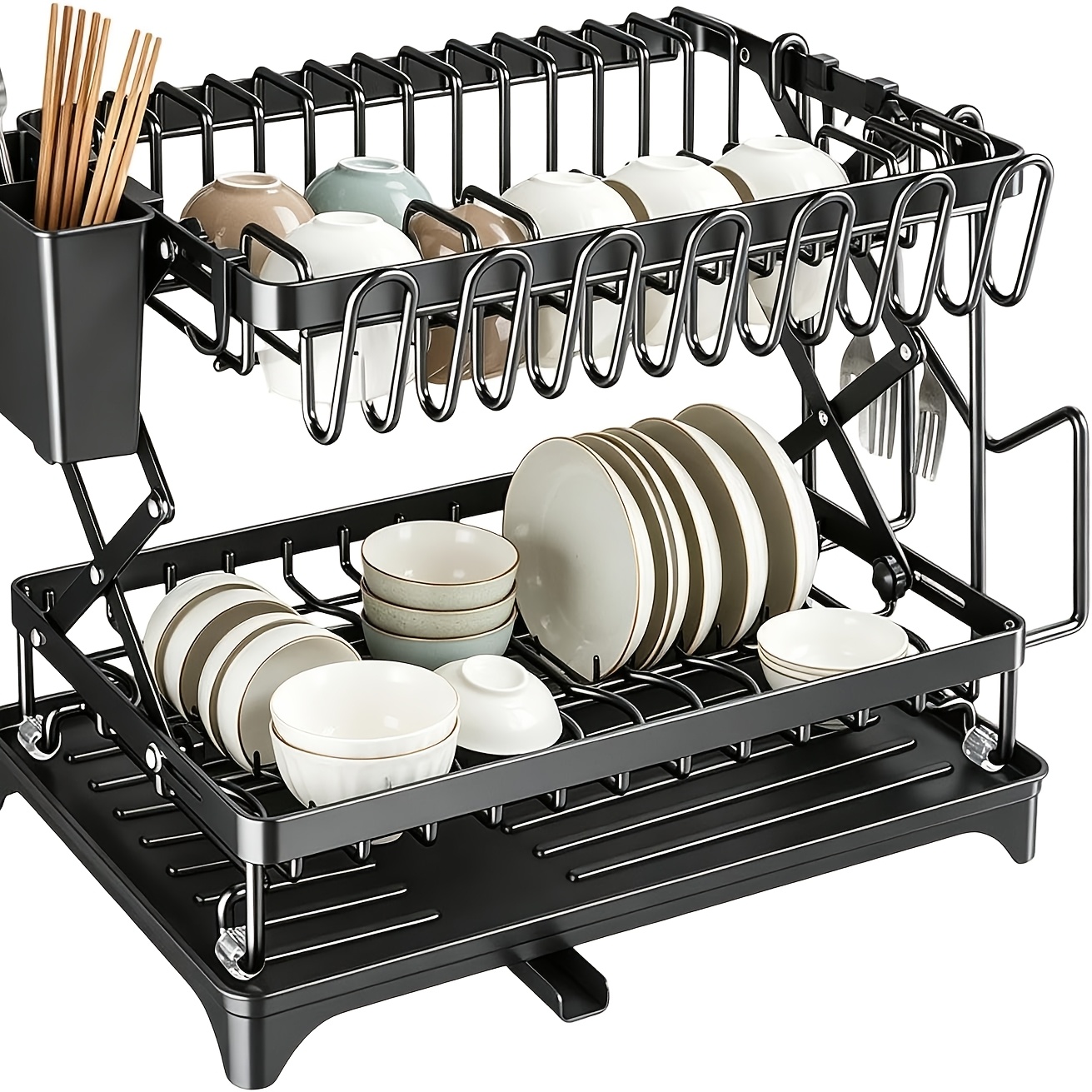 2-tier Dish Drying Rack With Automatic Drainage, Multifunctional Kitchen Storage For Plates, Bowls, Cups & Cutting Boards, Black