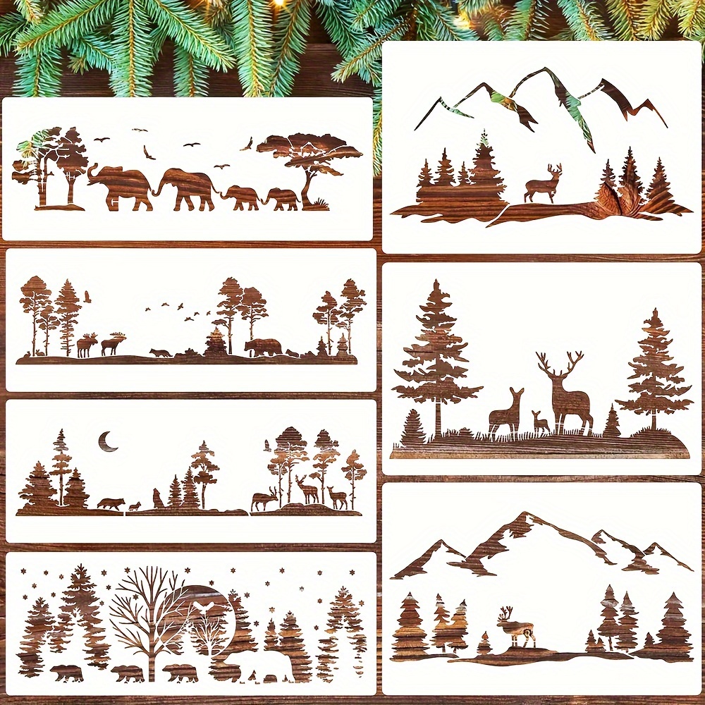 

7pcs Animal Stencils For Painting Forest Tree Stencil Wood Burning Stencils And Patterns Mountain Deer/bear/wolf/moose Reusable Drawing Templates For Fabric Furniture Wall Diy Crafts