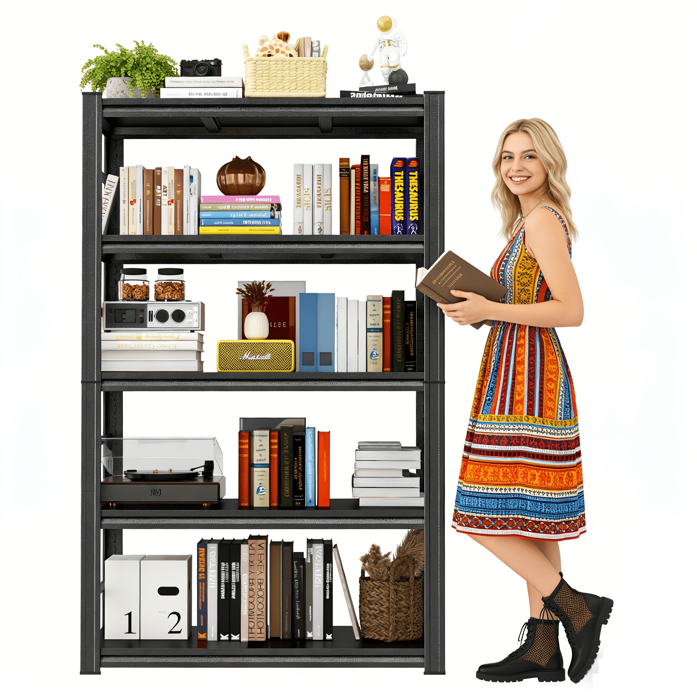 72''H 5-Tier Metal Bookshelf, Freestanding Heavy Duty Storage Shelving Unit, Industrial Metal Frame Book Organizer Rack, Display Shelf for Home Office Bedroom Living Room Kitchen Garage Corner Organization