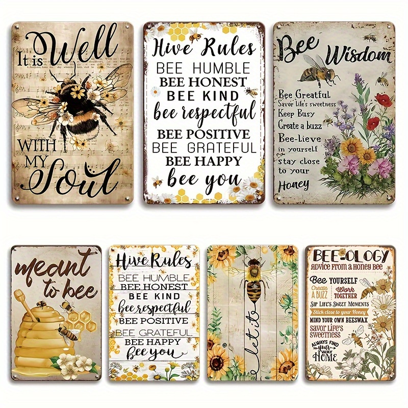 

6pcs, Vintage Metal Honey Bee Tin Sign, - A Honey Metal Sign (12x8 Inches/30x20cm), Inspirational Hanging Wall Decor, Home Wall Decor, Home Decor, Room Decor, Wall Art Decor 8×12 Inches