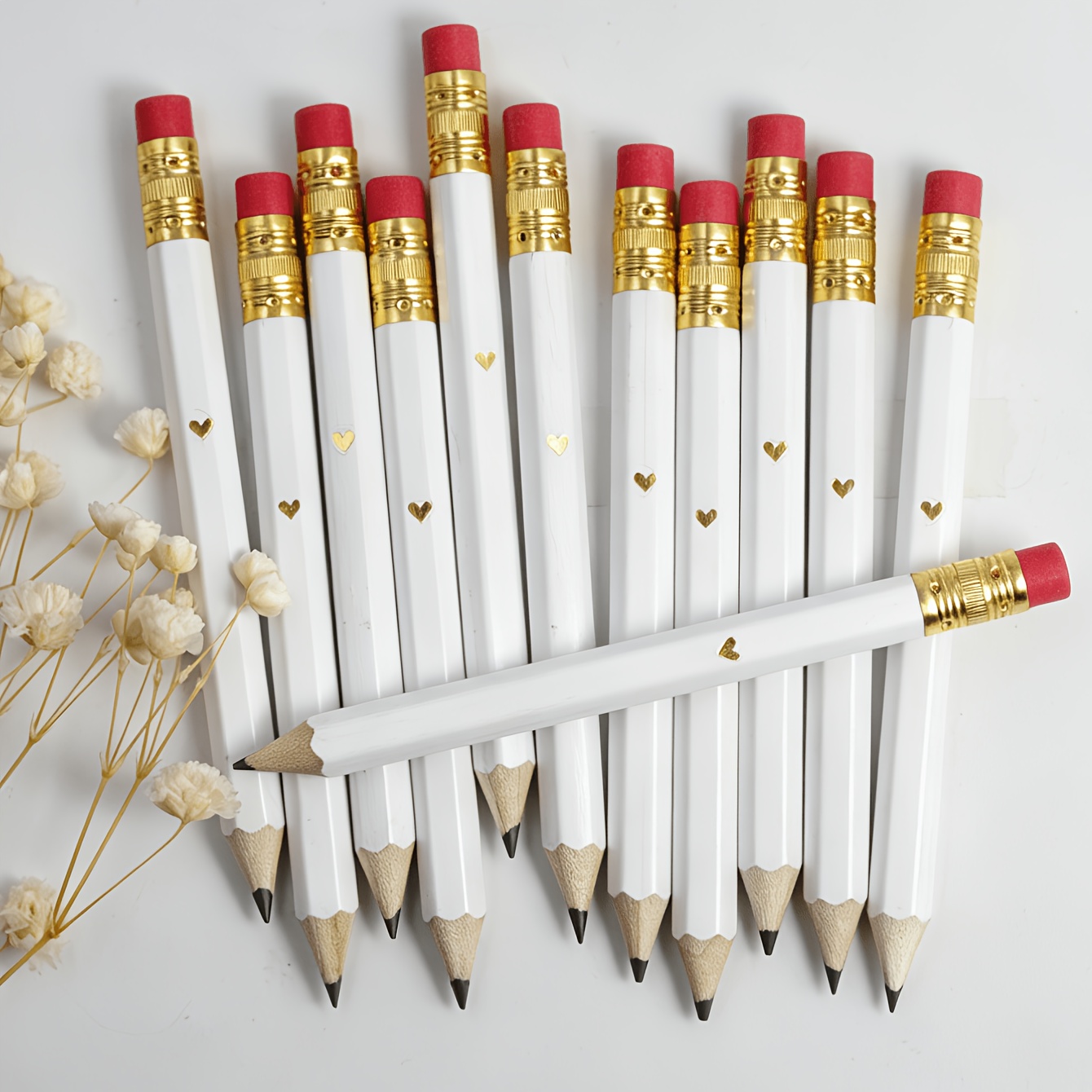 Image of 12/27-pack White/pink/blue/green Heart Mini Pencils With Erasers, 4-inch/10cm Hexagonal Hb Golf Pencils, Suitable For Showers And Weddings