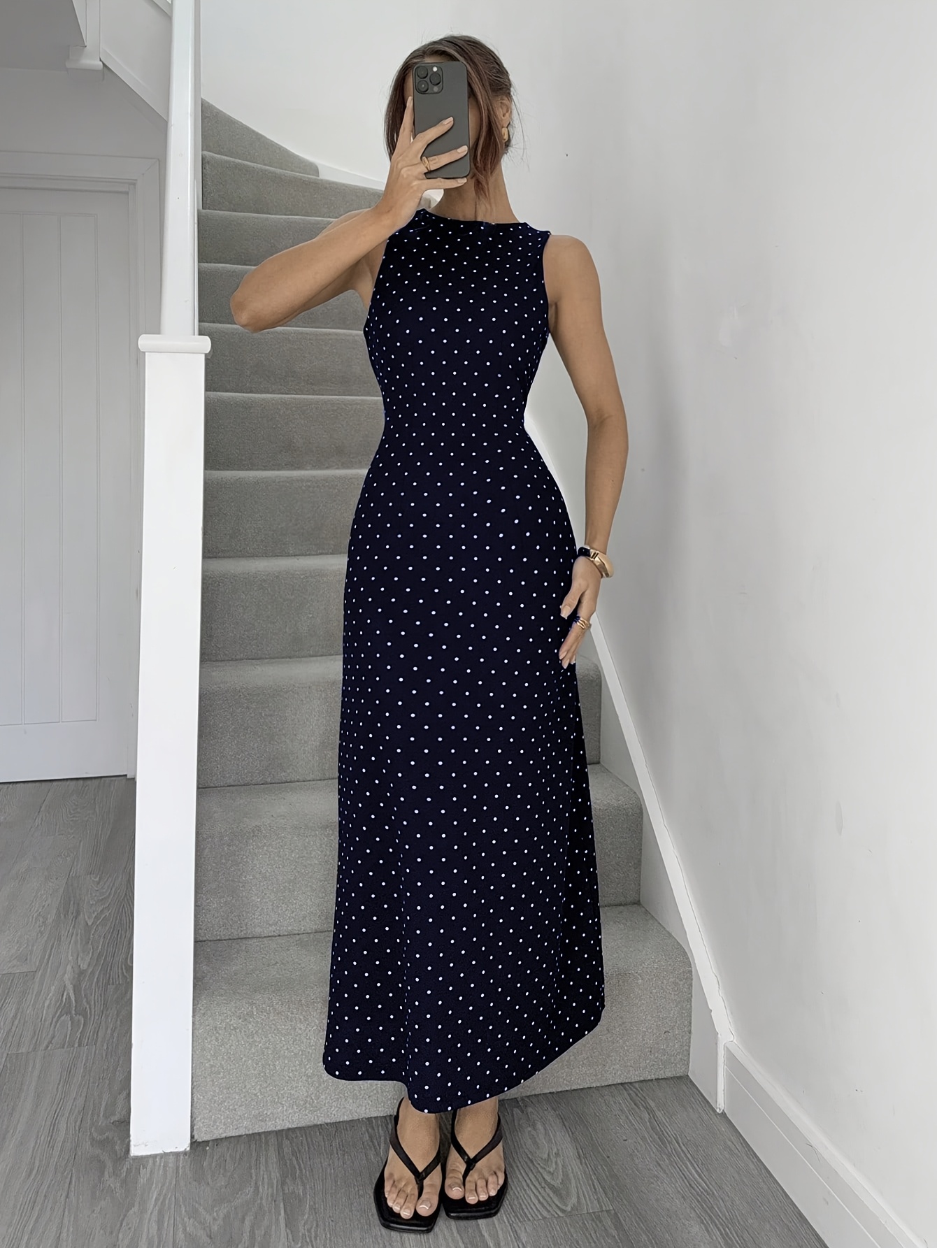 navy blue polka dot maxi dress Mya Navy Polka Dot Maxi Dress main image 1