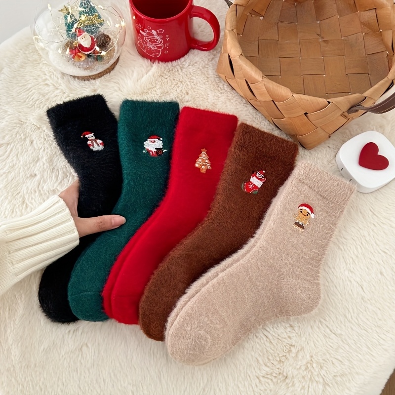 Image of 5 Pairs Of New Colorful Plush Christmas Socks For Women, Mid-calf Length, Thickened And Warm For Autumn And Winter, Suitable For Home Use On Floors