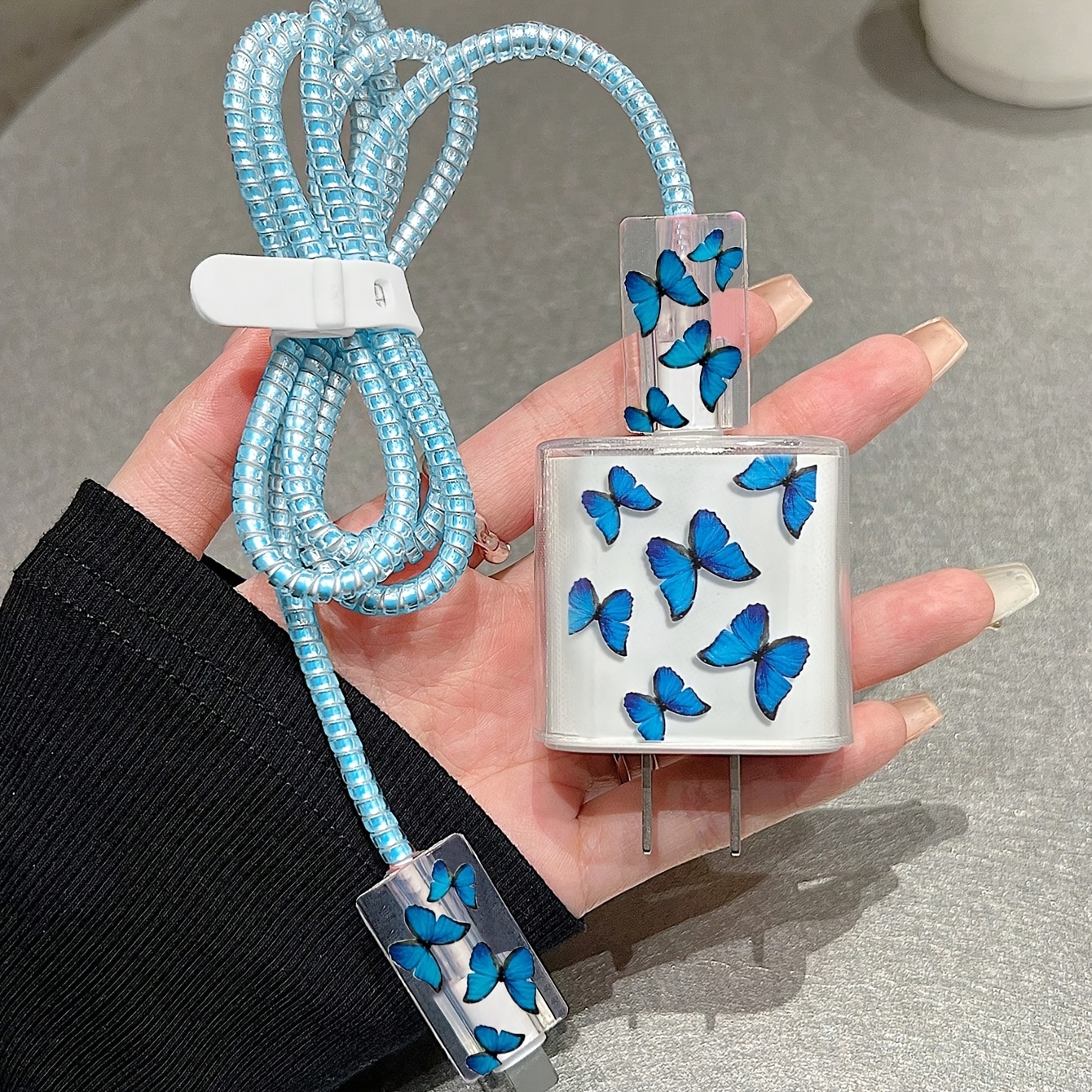 TEMU Juego protector de 5 piezas para cargador de móvil con diseño de azul pintada, que correa de protección para cable de carga y para cabezal de