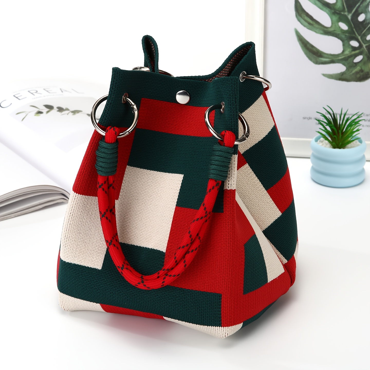 TEMU Women's Knit Mini Tote Bag, Floral/polka Dot/striped Print, Woven Rope Handle, Stylish & Lightweight Handbag For Daily Shopping, Work, Casual &