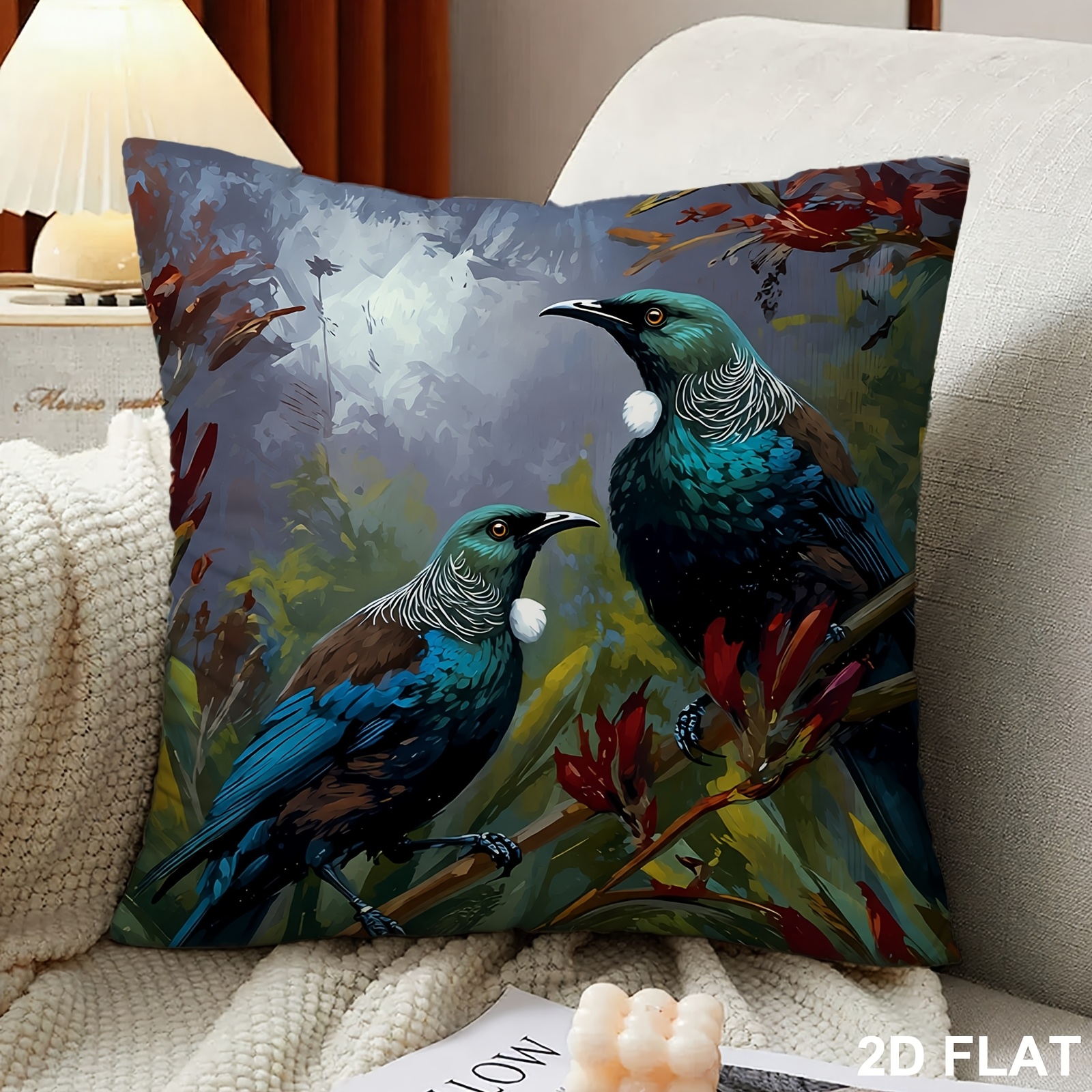 TEMU 1pc New Zealand Kiwi Bird Print Pillowcase, Misty Forest Scenery With Vibrant Branches And , Single-sided Decorative Cushion Cover, 45 X 45cm /