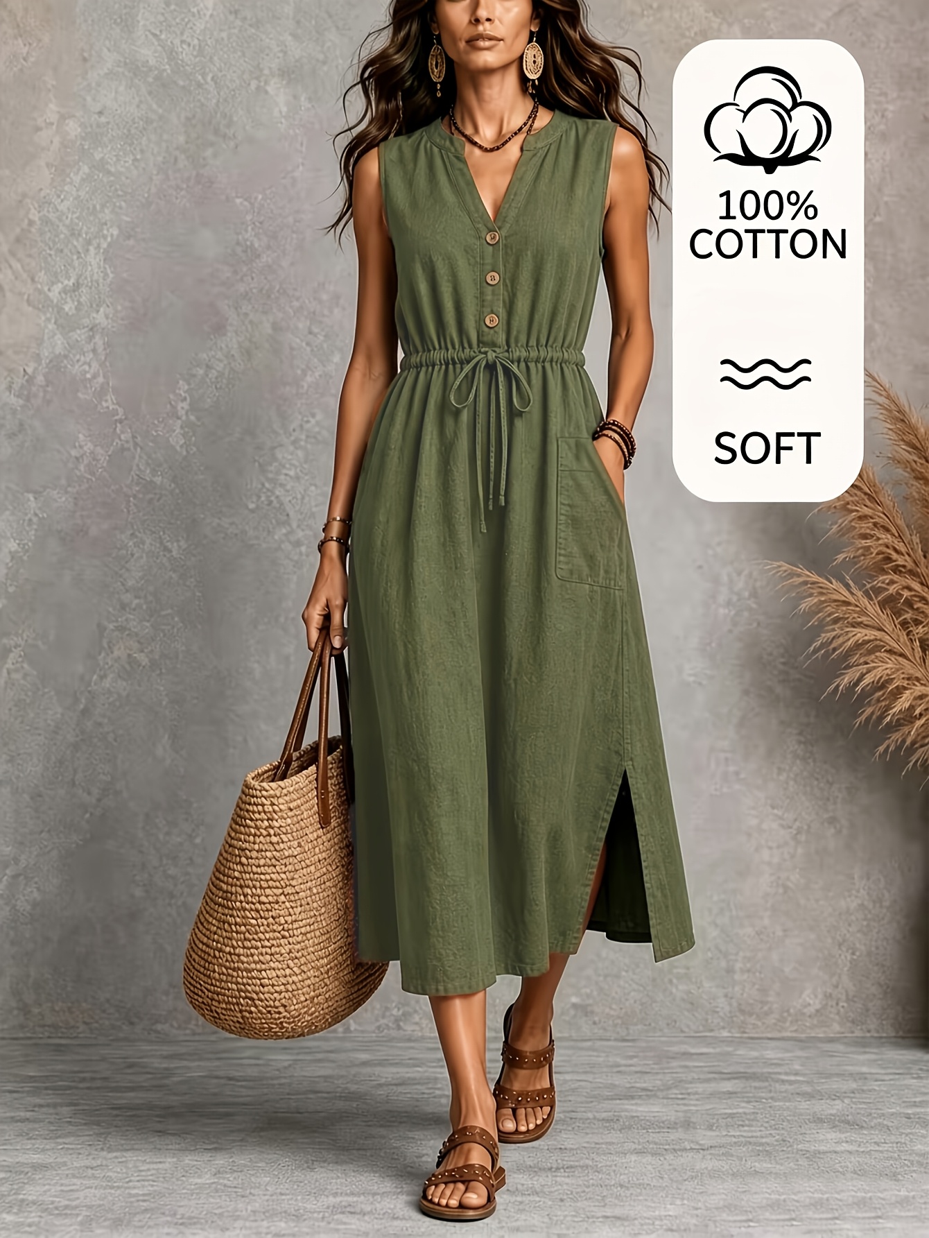 Artikelbild lässiges  -ausschnitt ärmelloses kleid mit kordelzug, bundschlitz und voller tasche [qd260609015]