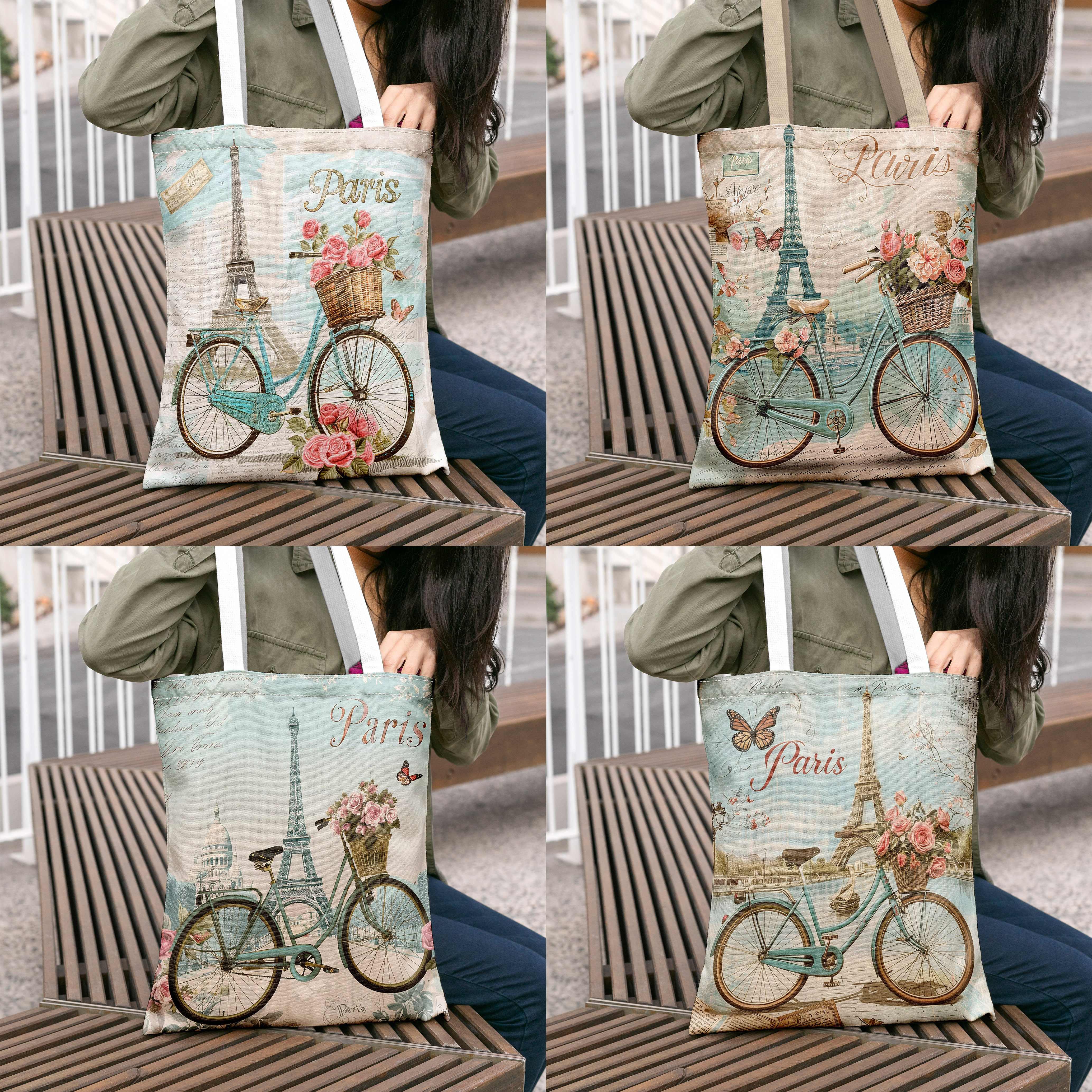 

Romantic Paris Bicycle & Rose Pattern Canvas Tote Bag, Large Capacity Shopping Bag, Portable Casual Handbag, Perfect For Everday Use