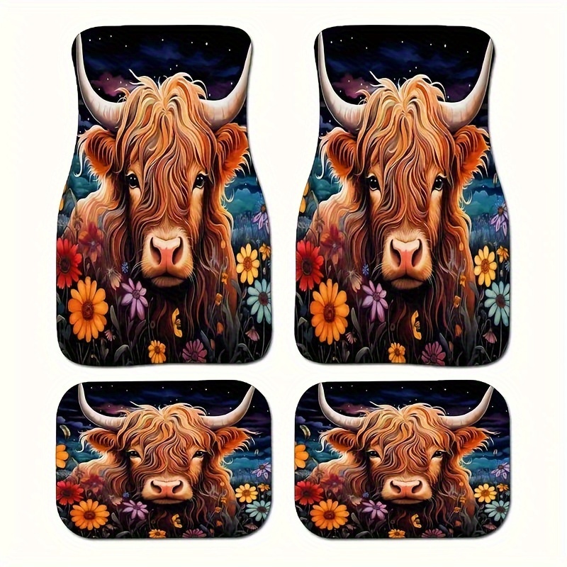 

4pcs Cute Highland Cow Print Car Floor Mats Set - Fit For Cars, Trucks & Suvs - Polyester Front & Rear Full Coverage Auto Interior Protection Accessories