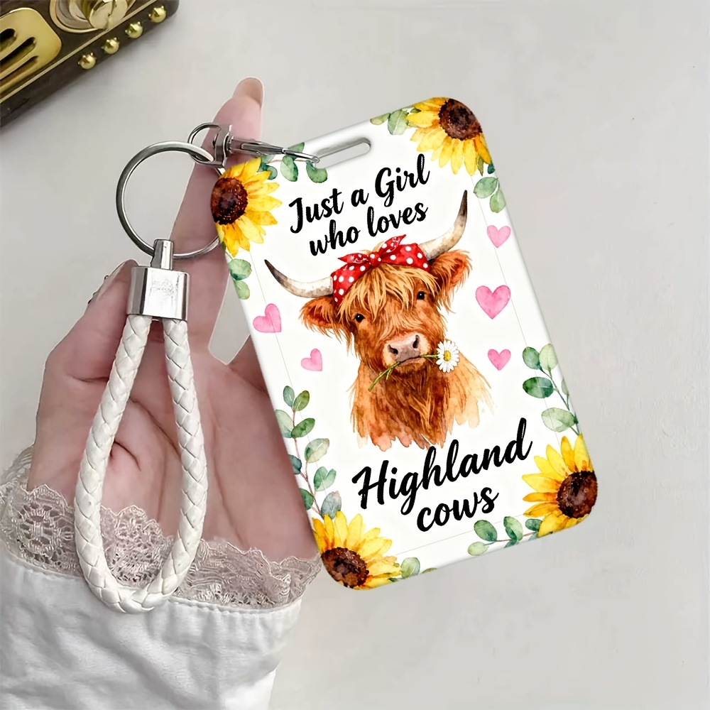 TEMU 2d 1pc Card Holder With Keychain, Suitable For Bank Card Work Id Student Id Bus Card, Convenient For Travel, Highland Cow Sunflower Heart