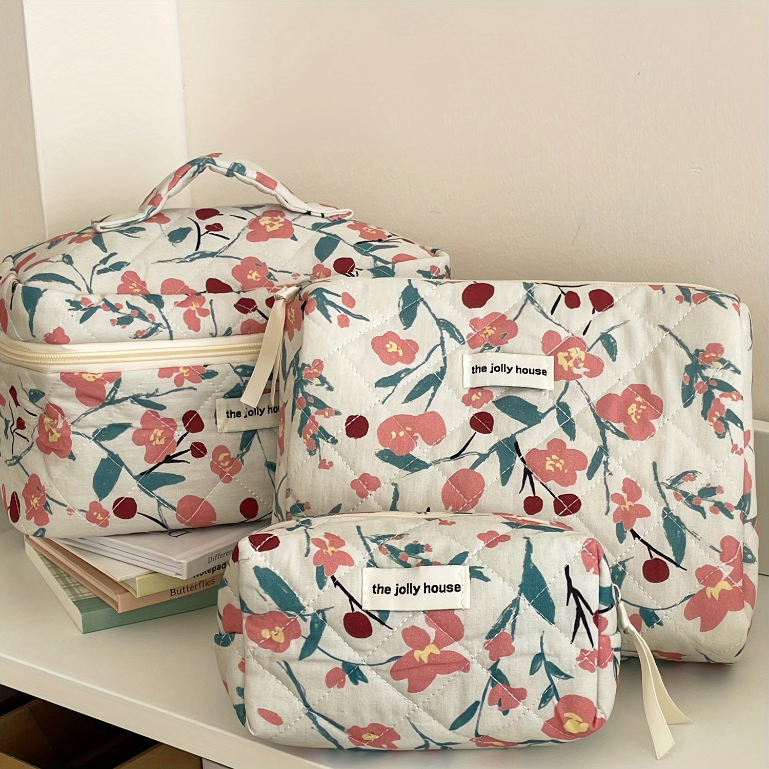 Image of Spring Floral Makeup Bag, Vintage Niche Harajuku Style, Portable Large Capacity Quilted Tote For Travel