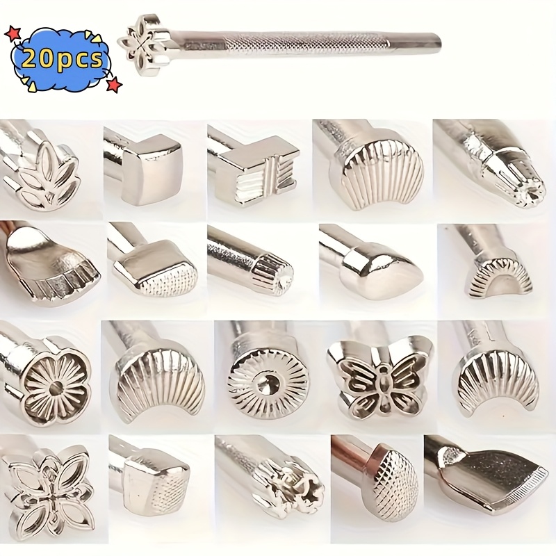 Image of 20pcs Diy Leather Crafting Tool Set - Stainless Steel Stamping & Punching Equipment For Handmade Bags, Wallets & More - Diverse Patterns & Designs - Ideal Gift For Craft Enthusiasts