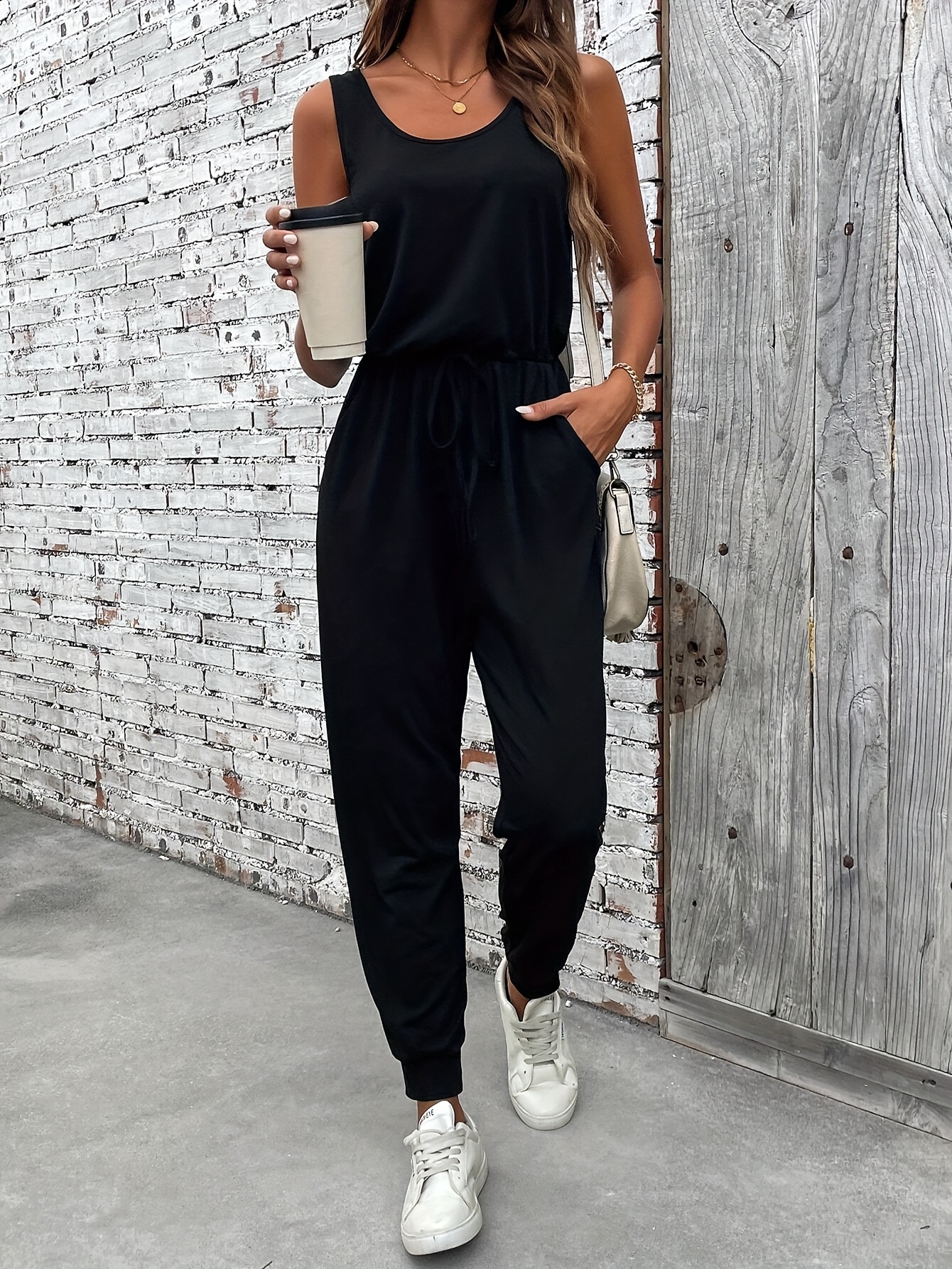 womens black sleeveless jumpsuit round neckline pockets Temu