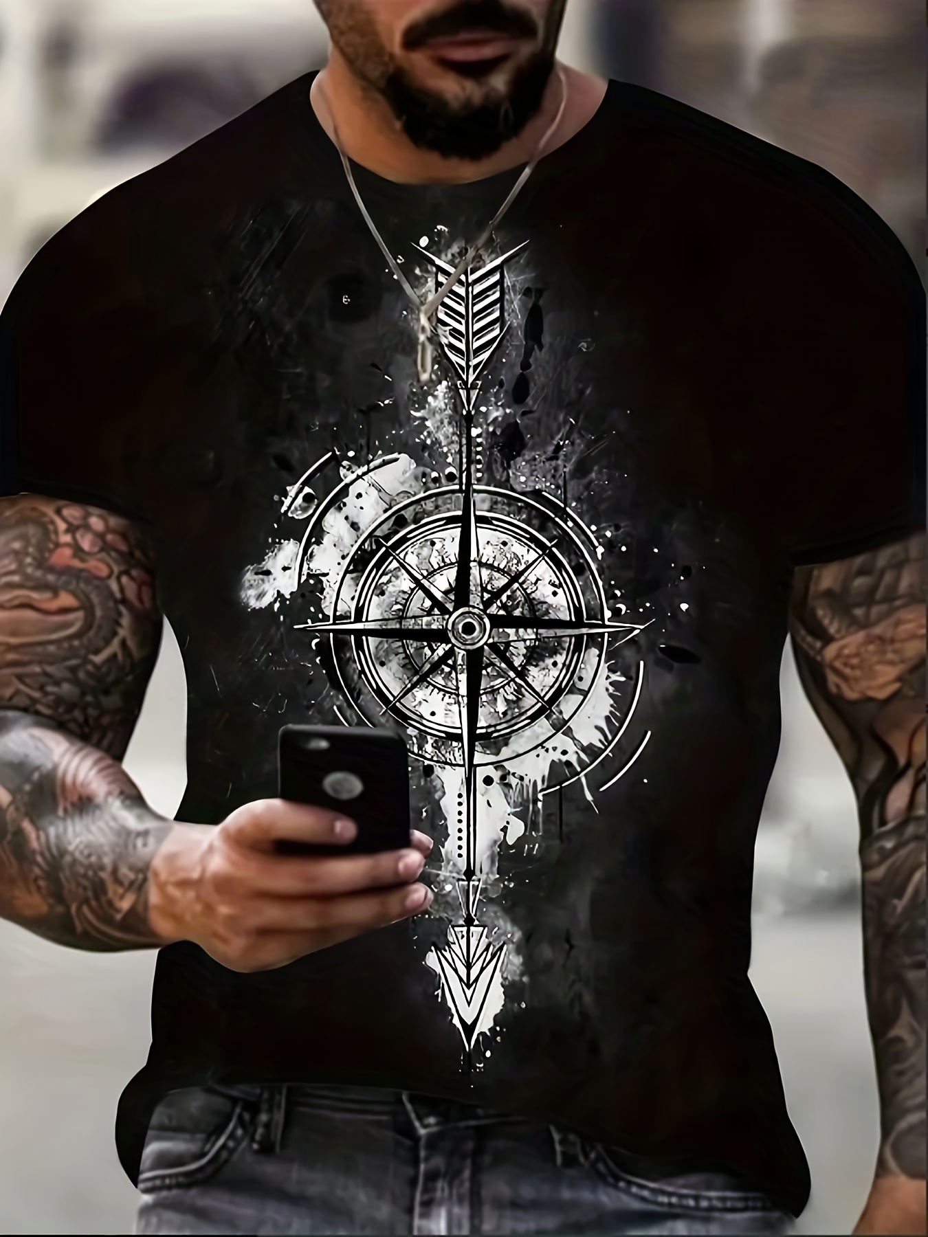 Vintage Compass Graphic Print Crew Neck Short Sleeve T-Shirt For Men Casual Summer T-Shirt For Daily Wear And Vacation Resorts