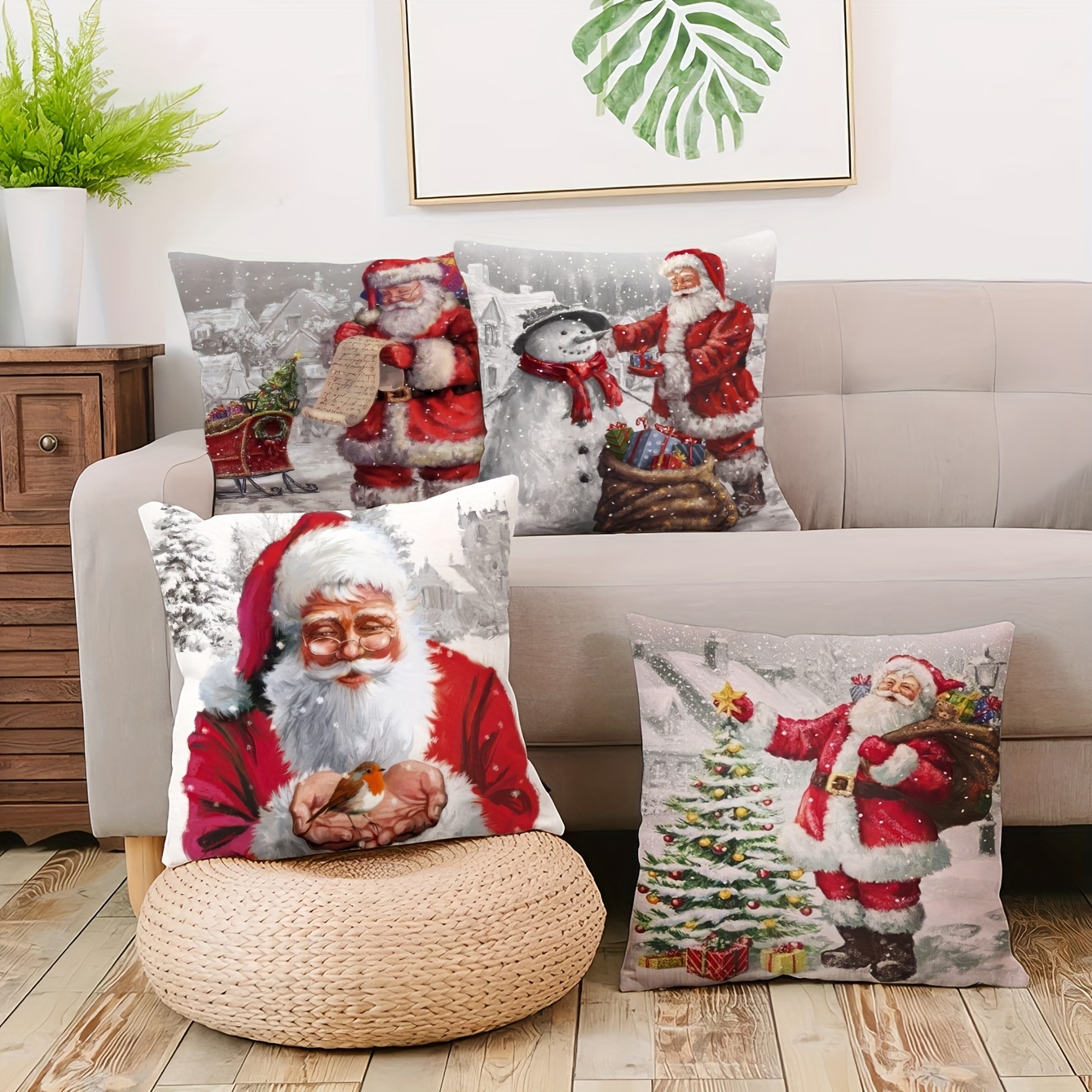 

4-piece Soft Plush Christmas Throw Pillow Covers 18x18 Inch - Festive Single-sided Print, Zip Closure, Hand Washable For Home & Vehicle Decor (pillow Insert Not Included)