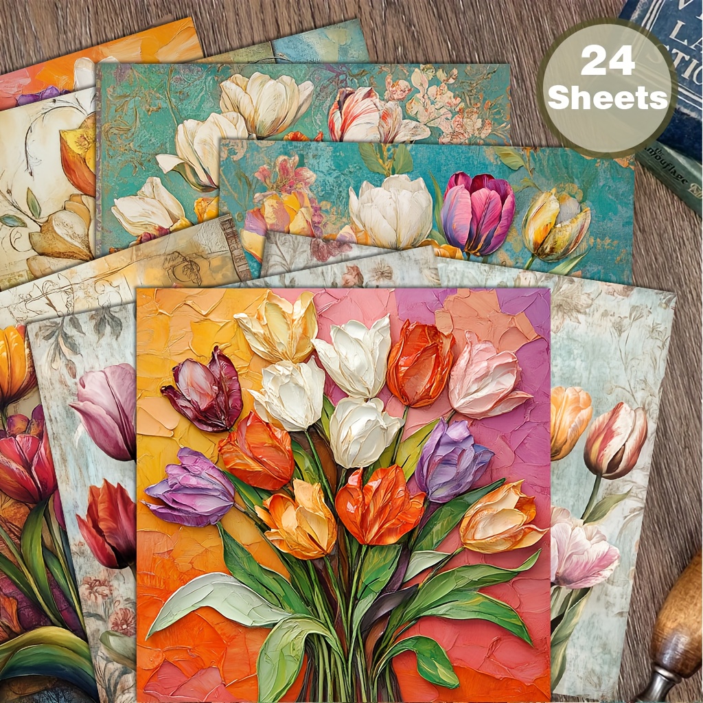 24 listov 6X6 palcev ročno poslikanega papirja za spominske v nordijskem stilu z vintage tulipani, primeren za kolaže, projekte origami,