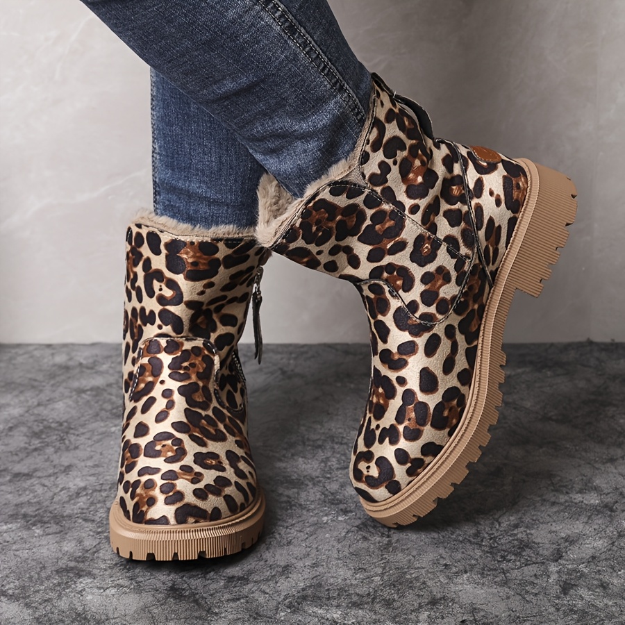 womens plush lined winter snow boots thick warm fabric upper lining slip resistant rubber sole leopard print black durable for outdoor   Product details 5