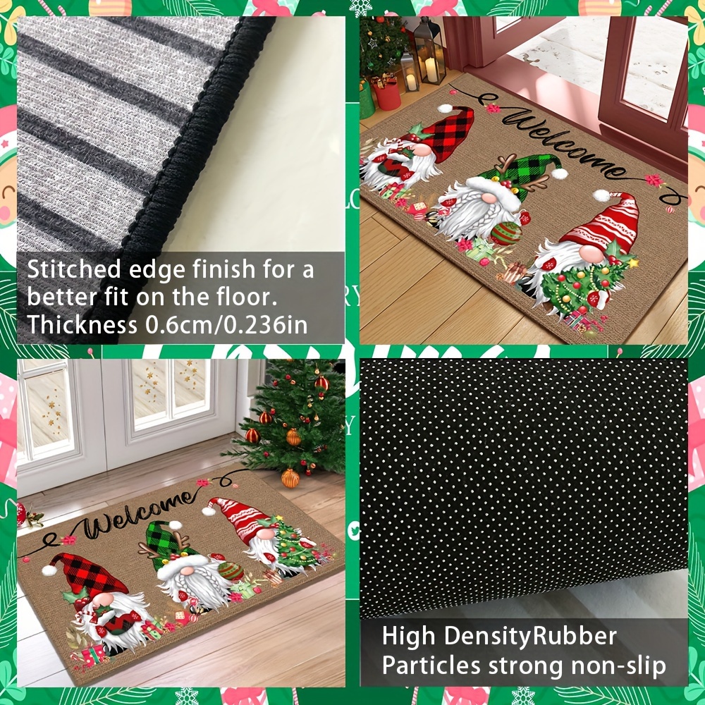 festive christmas gnome welcome doormat 6mm thick   polyester with non slip rubber backing machine washable rectangular holiday floor mat featuring three gnomes with seasonal charms     decor and christmas gifts christmas decoration   pattern accents polyester doormat details 4