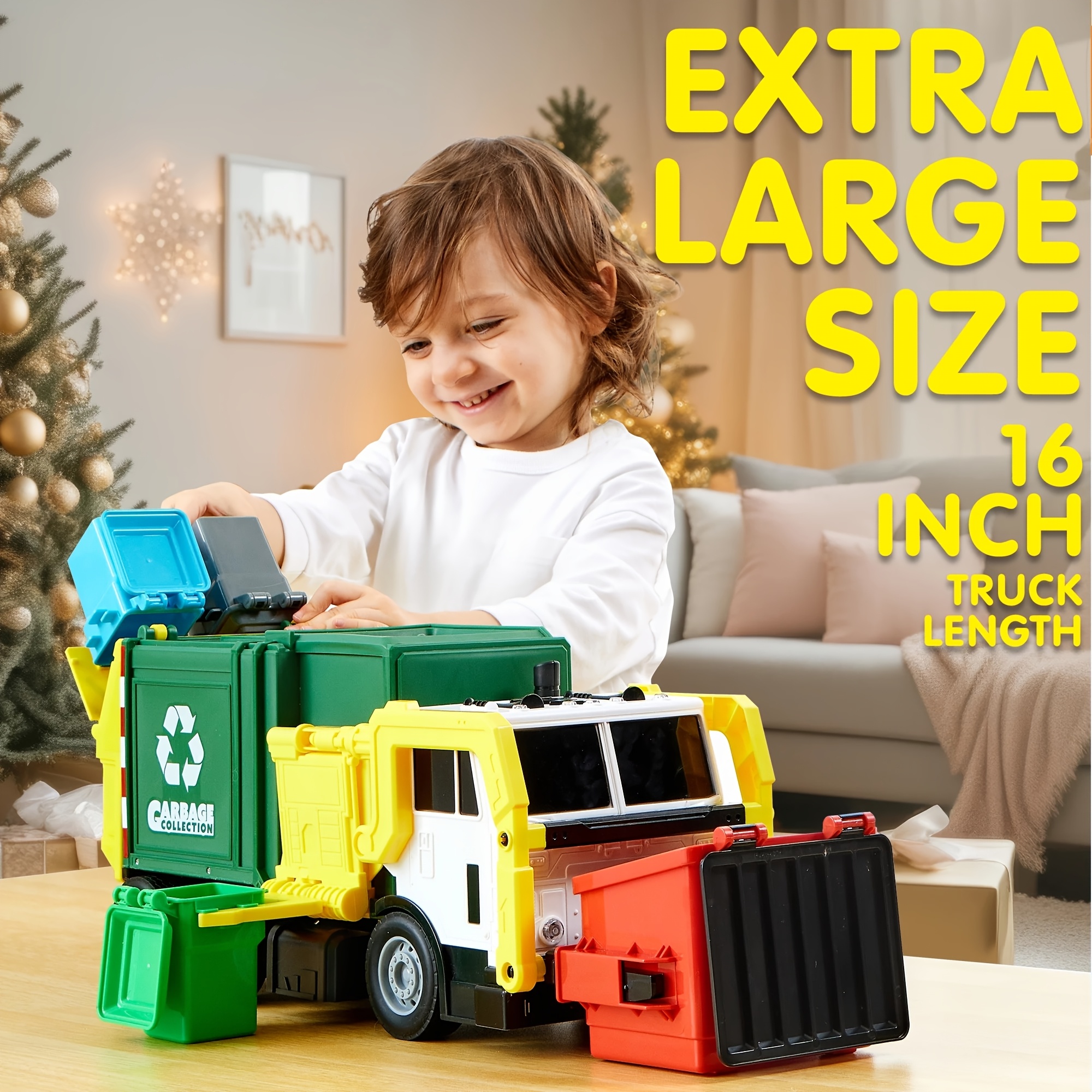 TEMU 16” Large Manual Operation Garbage Truck Toy With Lights & Sounds Suitable For Boys, Pull-back/push Action With , Realistic & Trash Bins,