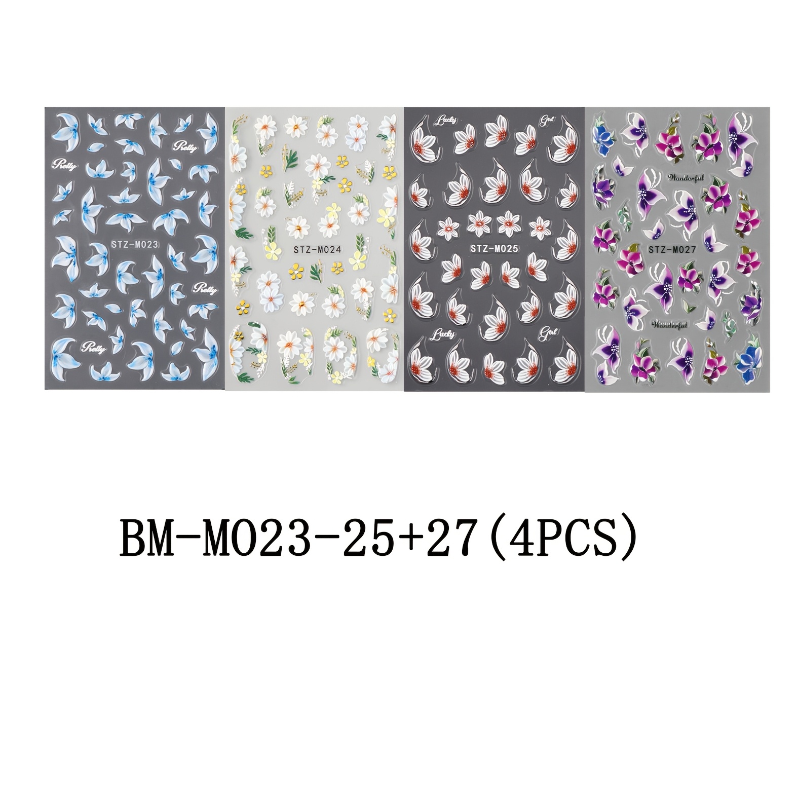Image of 4pcs Nail Sticker Set Featuring 3d Summer Cartoon Designs With Cute Cherry Blossoms And Small Blue And Purple Flowers, Self-adhesive Disposable Nail Decoration