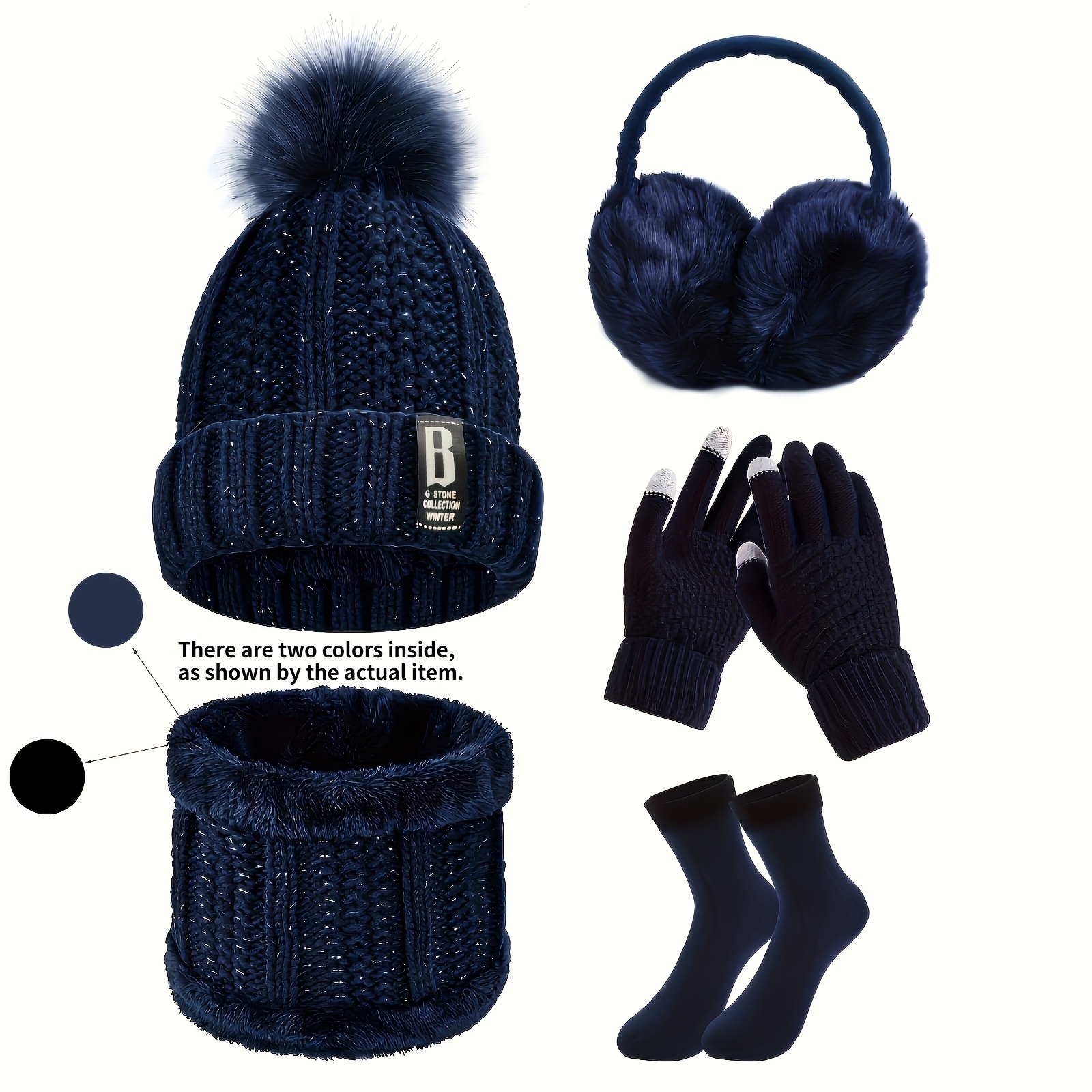 TEMU 5pcs Winter Outdoor Sports Equipment Set: Thick Warm Hat, Neck Warmer, Touchscreen Gloves, Plush Ear Muffs, And Snow Socks, Suitable For Outdoor