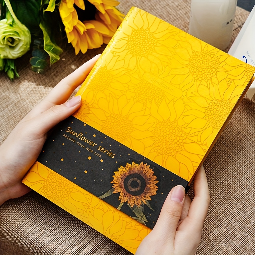 

[1pc Sunflower A5 Notebook] Sunflower Series A5 Notebook, Matte , Legal , Floral Pattern, Waterproof Leatherette Cover, 180° Design, With Ribbon Bookmark And Non-bleed Paper