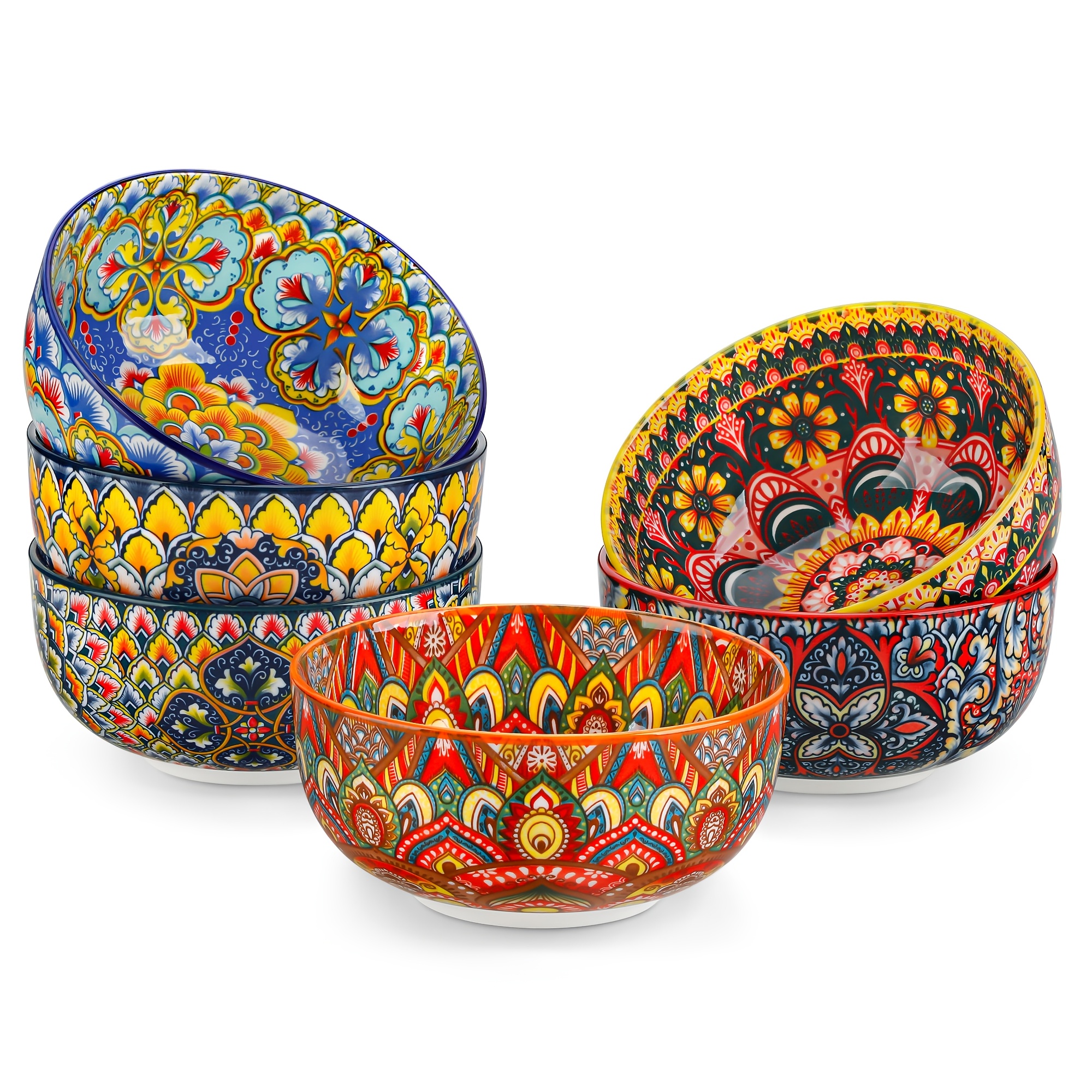 Image of Set Of 6 Colorful Porcelain Bowls With A , Perfect For Serving Cereal, Soup, Oatmeal, Ice Cream, Salad, Pasta, And More, Each Holding 25 Ounces