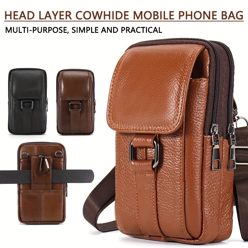 

Men's Cowhide Waist Pack, Multi-layer Flip Phone Pack Fanny Bag For Workout, Genuine Leather Sling Bag