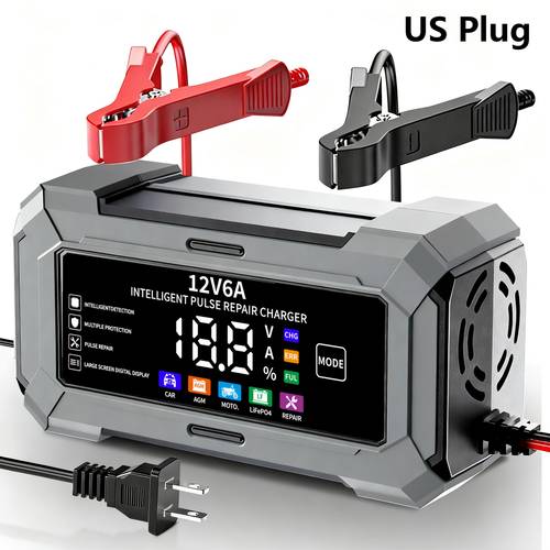 12v 6a smart battery charger with lcd display us plug cold weather charging full protections 110 240v ac adapter portable for cars trucks golf carts marine batteries