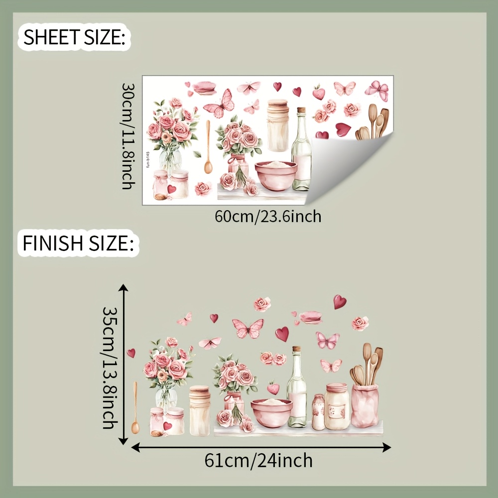 Image of 1pc Removable Waterproof Pvc Wall Sticker - Elegant Floral Design With Glossy Finish, Self-adhesive Multi-surface Decorative Sticker For Kitchen, Bathroom, Living Room, 11.8x23.6 Inches