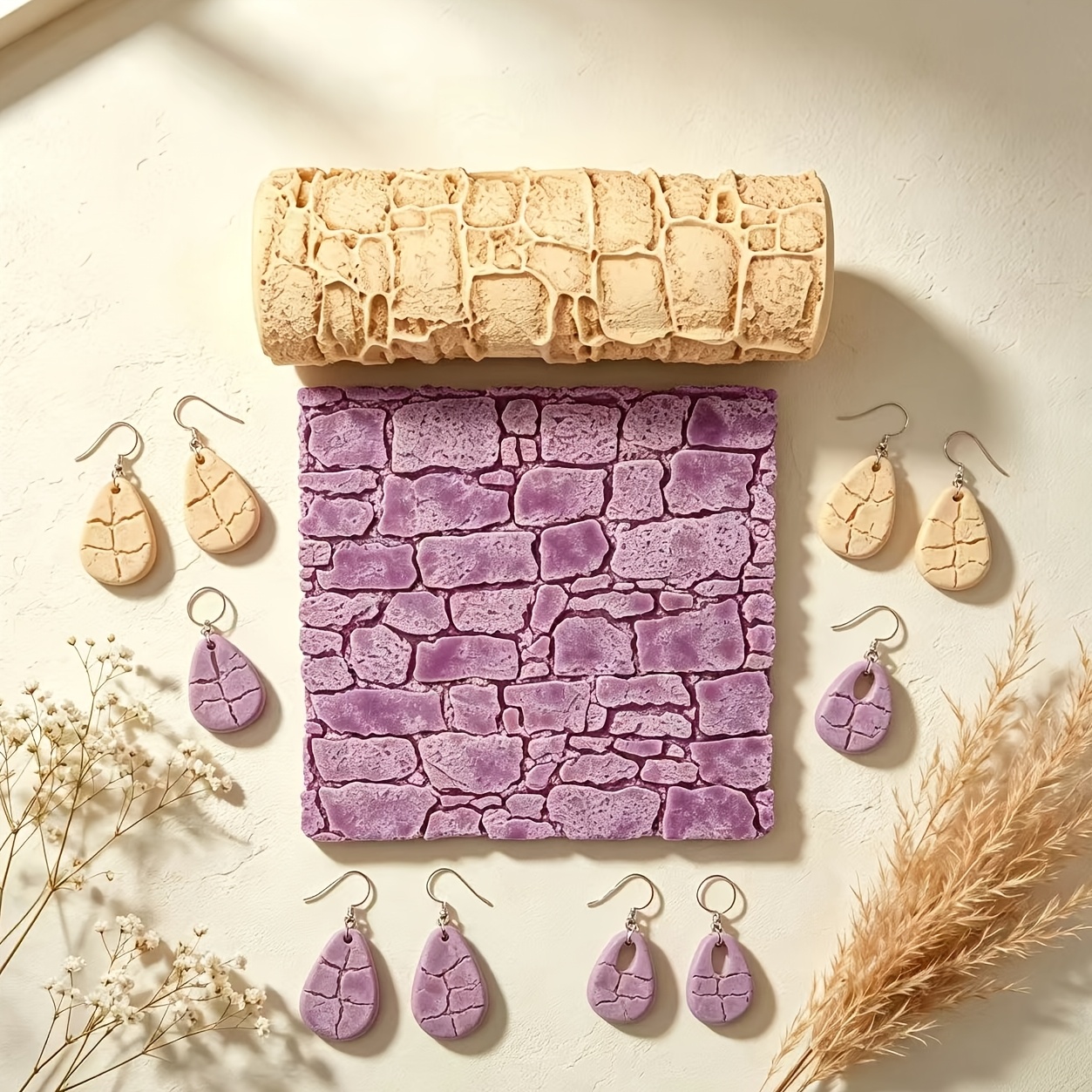 TEMU 1pc Cracked Wall Polymer Clay Roller, Crackle Rock Pattern Clay Roller For Handmade Earrings Jewelry Crafts