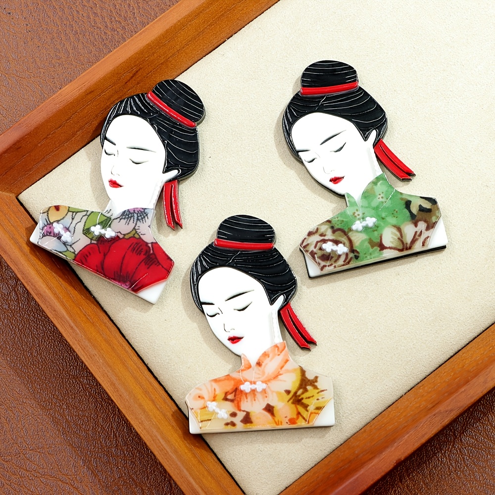 

Pack Of 1 Vintage Cute Acrylic Chinese Classical Girl Brooch Pin, Handcrafted, Accessory For & Gift-,