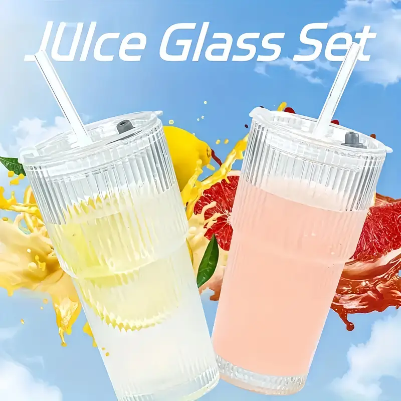 2pcs ribbed glass with straw and plastic lid and straw brush iced coffee cocktails etc suitable for home office party supplies 20 ounces Product details 0