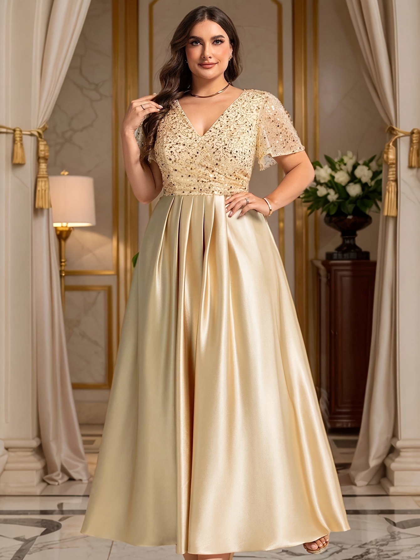 plus size plus size plus size golden sequin v neck - Temu Mauritius