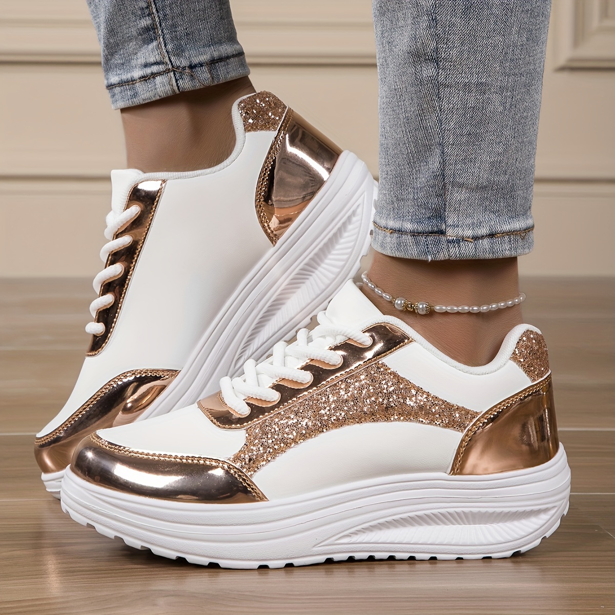 Zapatillas De Mujer Con Lentejuelas Y Plataforma - Zapatos Deportivos De Moda, Cordones, Suela De Goma, Para Primavera Y Otoño