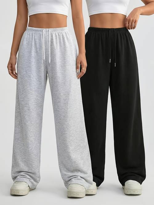 2pcs womens casual wide leg pants elastic waistband loose fit medium stretch fabric machine washable spring summer autumn casual wear jogging medium stretch trousers