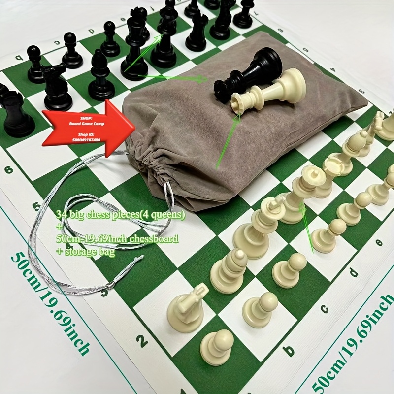 TEMU 34 pezzi - re 9,5 cm (4 ) + scacchiera 50 cm - 19,69 pollici verde + borsa in velluto per conservazione/gioco da tavolo promozionale attivit�