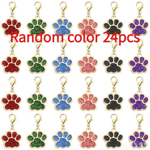 item picture 10pcs 24pcs random color glitter paw print dog id tags metal pendant tags print pendant charms alloy dog tags cute and adorable keychains