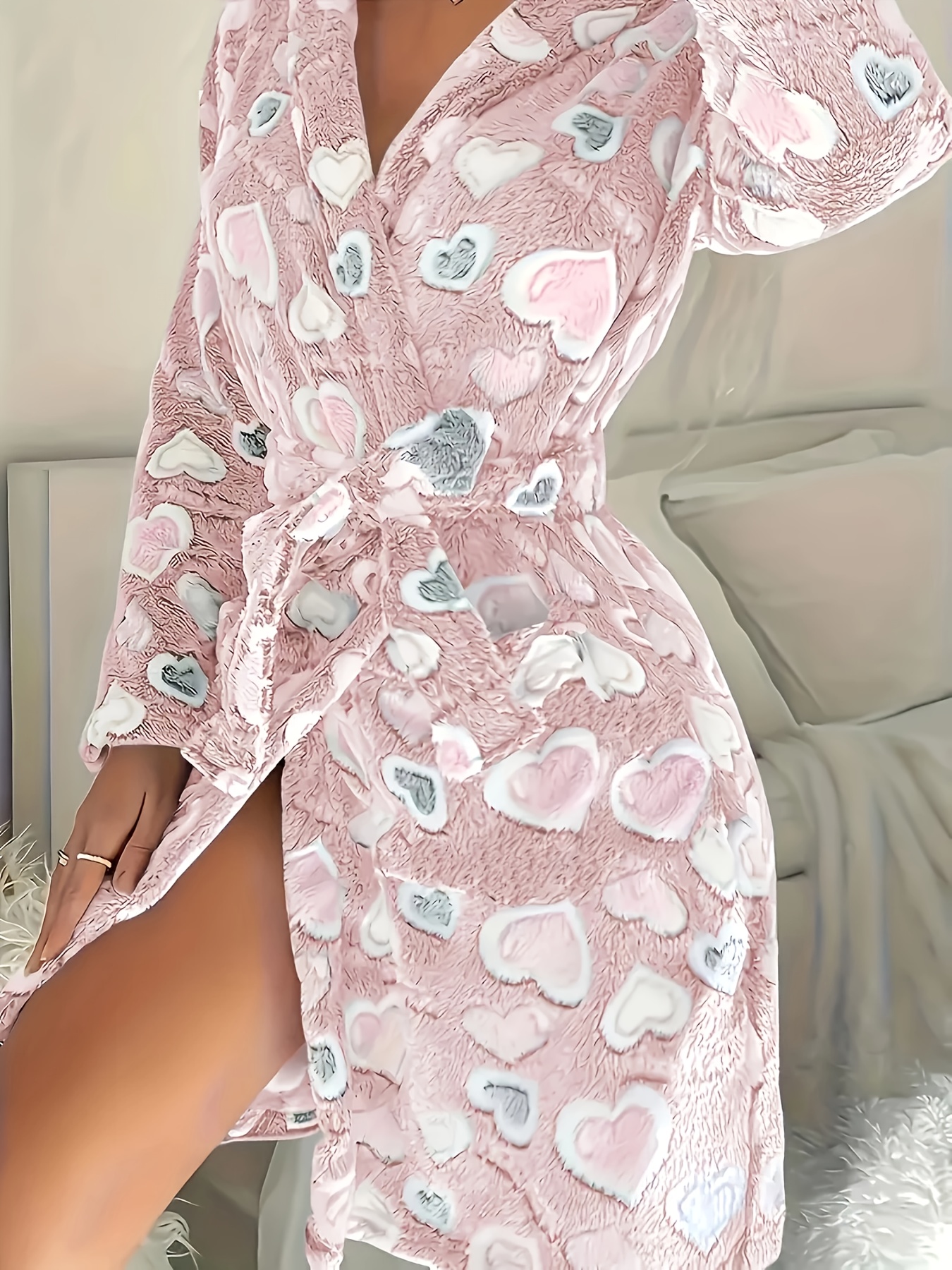 Gezellige Fleece-Gevoerde Damesbadjas met Hartjespatroon, Lange Mouwen en Zakken - Warme Herfst/Winter Thuislounage, Lichtgrijs, Knusse Badjas