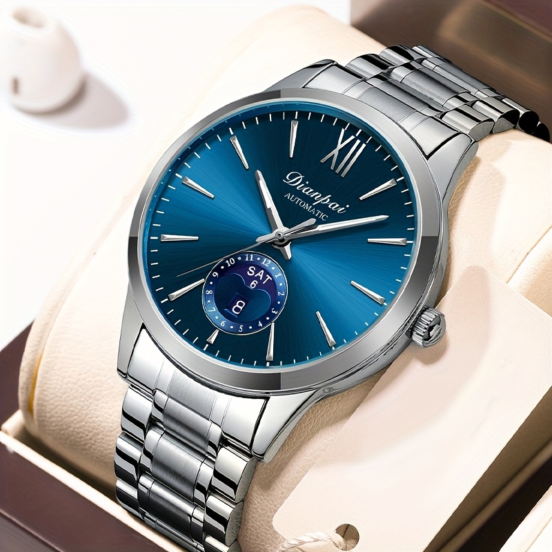 A High-end Automatic Mechanical For Men Featuring A Stainless Steel Band, Calendar, Week Indicator, And A Round Face, Making It An Ideal Present For Men, Without Battery
