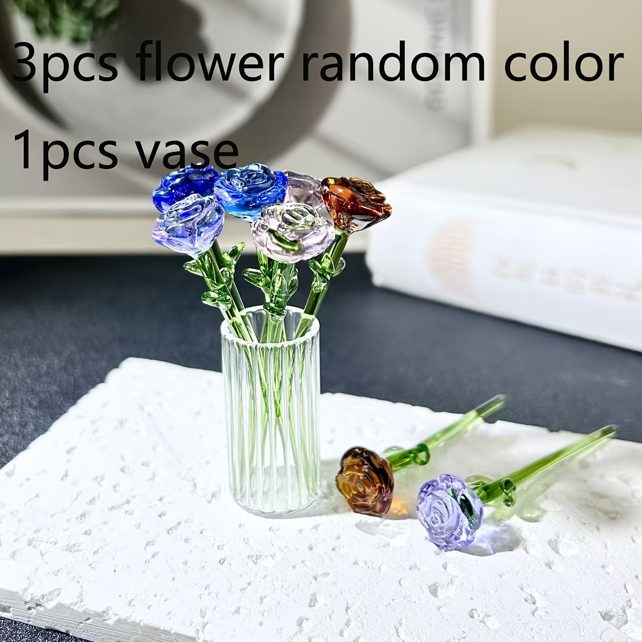 TEMU 2/4pcs Mini Rose en Verre Mignonne dans un Vase Couleur Aléatoire Petit Vase de Fleurs Ornements en Verre Soufflé à pour Cadeau Artisanat Fête