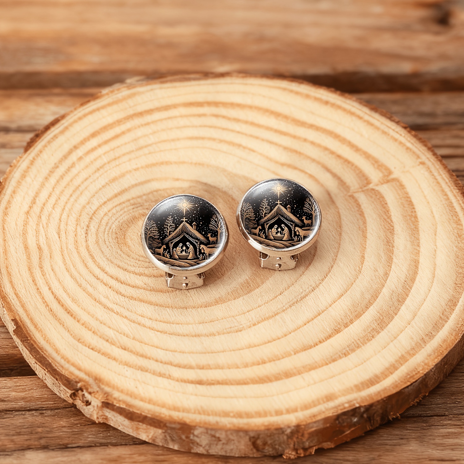 2pcs No-piercing Round Glass Women's Earrings Set, Christmas Design