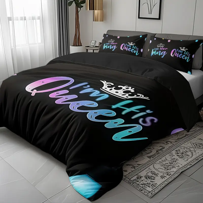 3pcs couple duvet cover set soft high definition black with colorful text breathable polyester perfect gift for machine washable 1 duvet cover 2 pillowcases no insert Product details 3