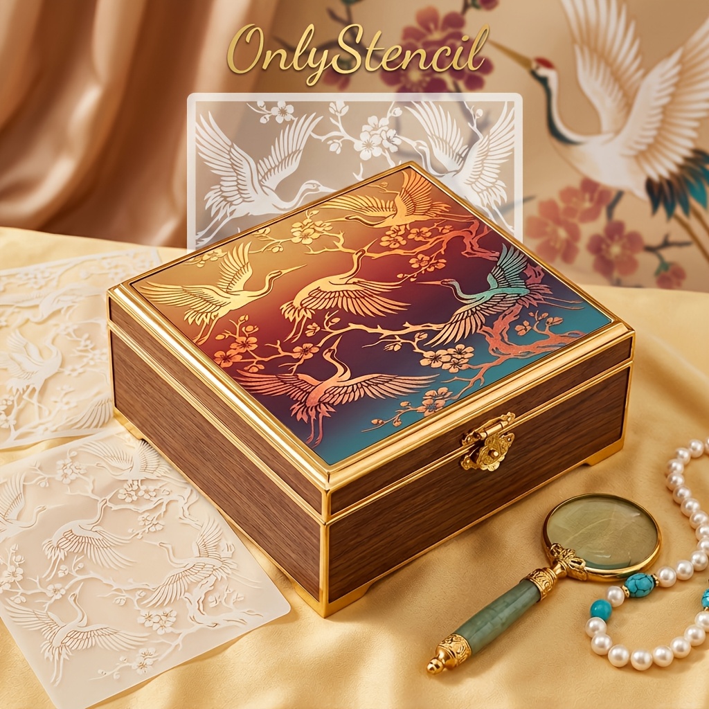 E-shop 2-teilige Kranich-Blumen-Schablone, wiederverwendbares orientalisches Kirschblüten-DIY-Malvorlagen-Set für Leinwand, Wandstoff, , künstlerische