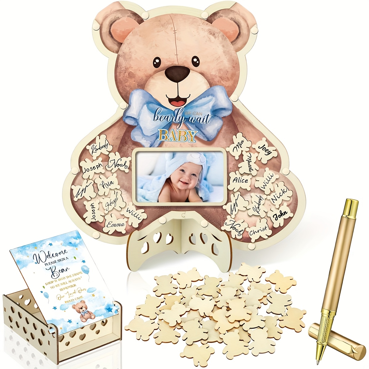 blue teddy bear shower guest book wooden bear Temu Australia